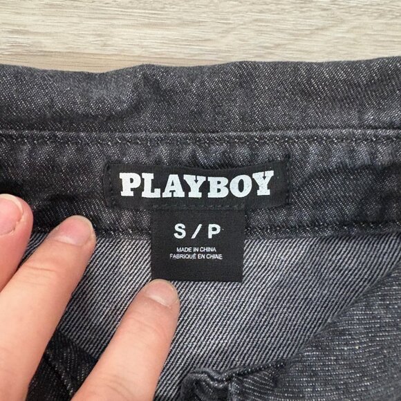 Playboy Unisex Denim Jacket  Black Snap Button Up Shirt Mens sz S Womens L - Picture 3 of 8